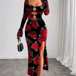 Elegant Floral Black and Red Women's Dress